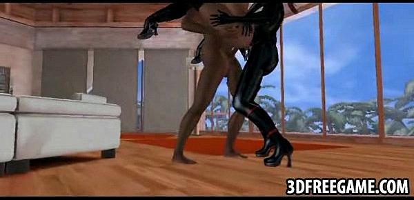  A black couple in 3D leather fuck witha white slut